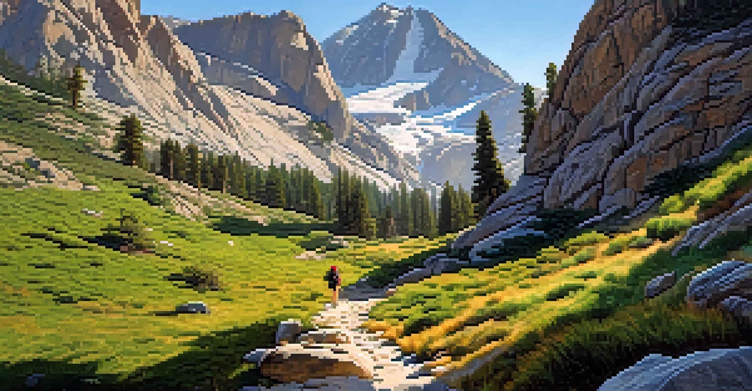 Hikers on the John Muir Trail in summer, surrounded by stunning mountain views and lush vegetation under a bright sun.