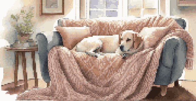 A cozy living room with a knitted pet blanket on a couch and a fluffy dog sleeping on it, bathed in warm natural light.