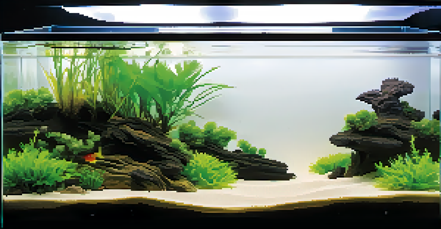 An aquarium with a layered substrate and vibrant aquatic plants, illuminated for clarity.