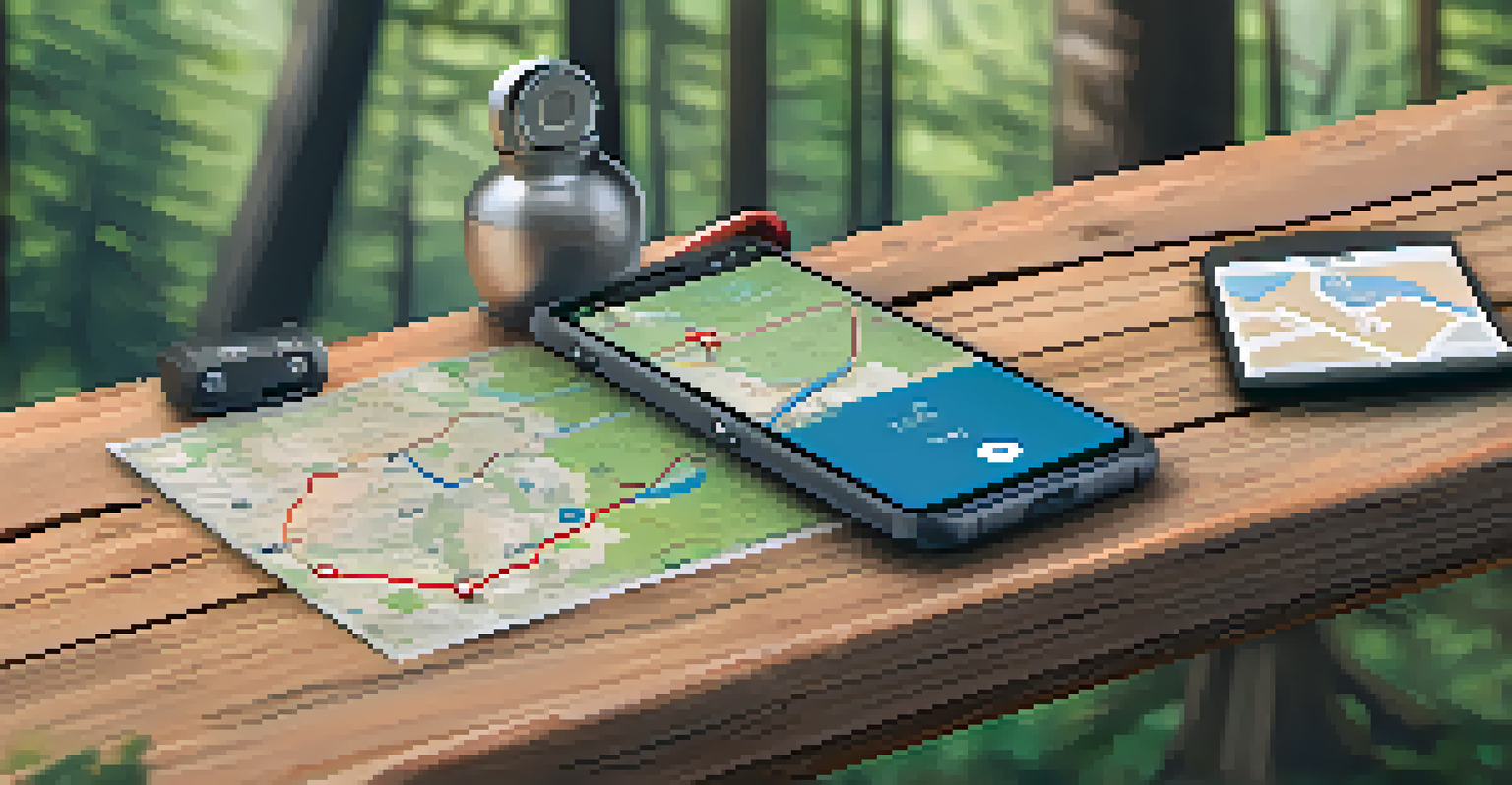A smartphone on a wooden picnic table showing a hiking app with a trail map, surrounded by hiking gear including a water bottle and compass.