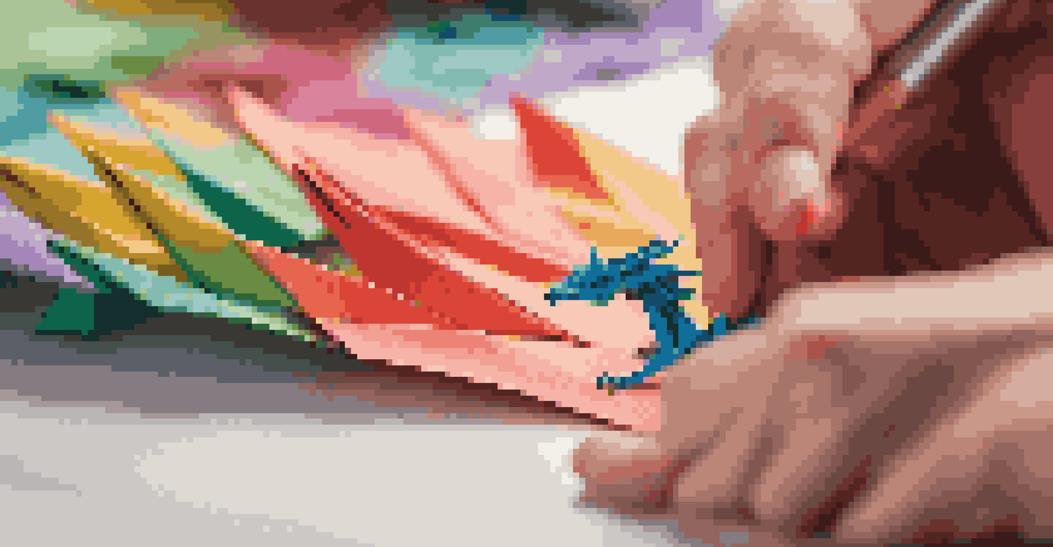 Close-up of hands folding colorful origami paper into a dragon shape.