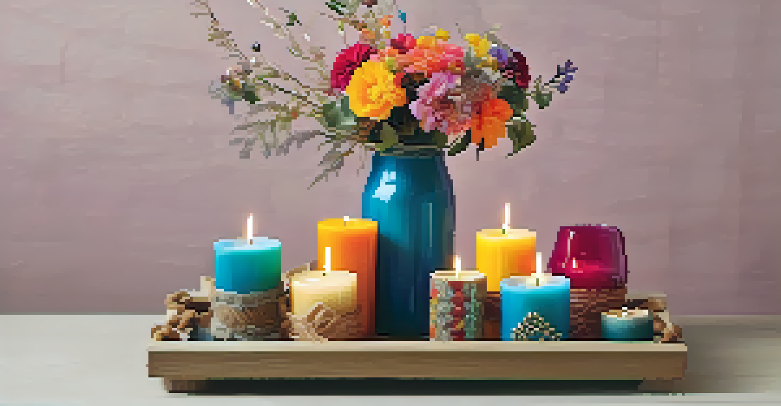 A colorful display of different DIY candle holders on a tray, featuring painted glass, wooden, and twine-wrapped designs.