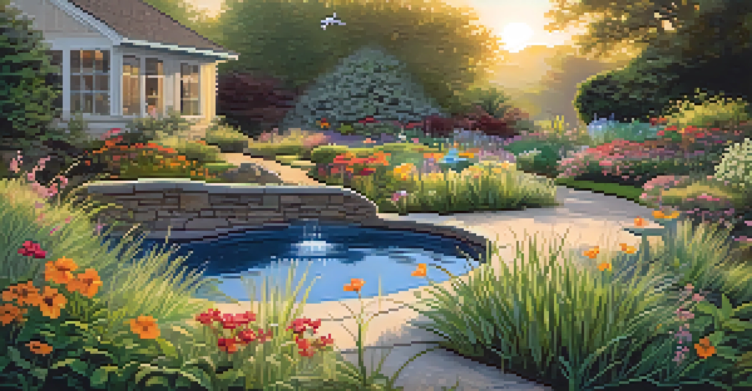 A wildlife-friendly garden with a pond, colorful flowers, and birds at a birdbath, illuminated by soft golden hour light.
