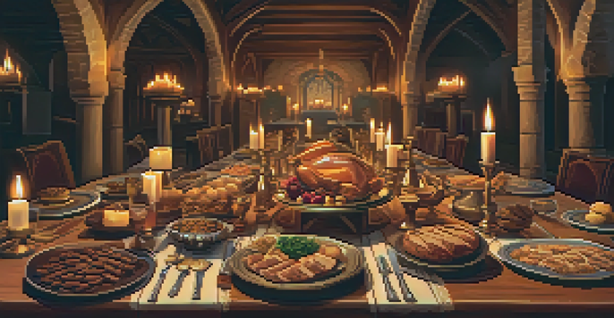 A detailed view of a medieval banquet table featuring wooden tableware, candles, and a spread of roasted meats and pastries.