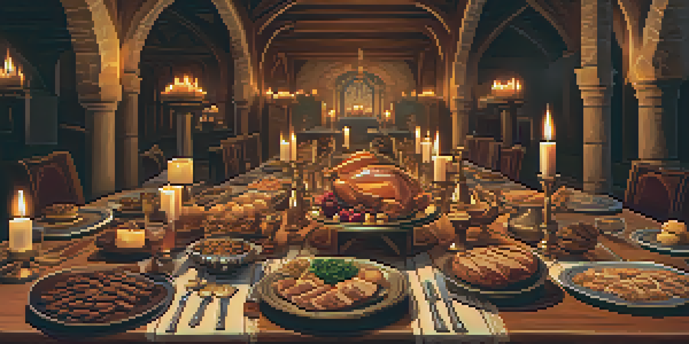 A detailed view of a medieval banquet table featuring wooden tableware, candles, and a spread of roasted meats and pastries.