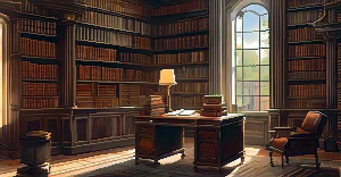 A cozy study room with vintage books and historical artifacts, featuring a wooden desk with opened books and a leather armchair, illuminated by warm sunlight.