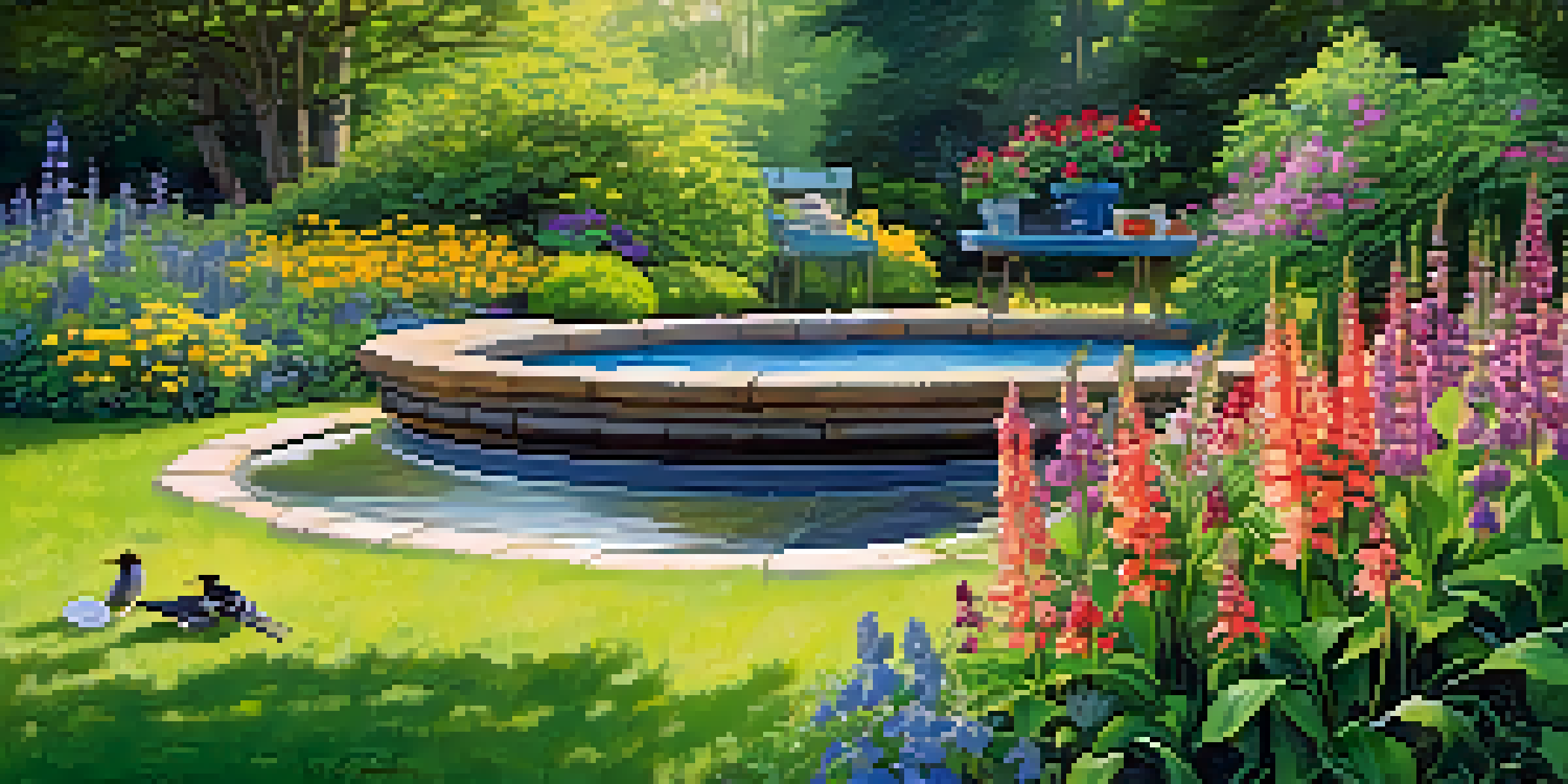A colorful garden with native plants and birds, including hummingbirds and goldfinches, enjoying the flowers and a birdbath under warm morning sunlight.