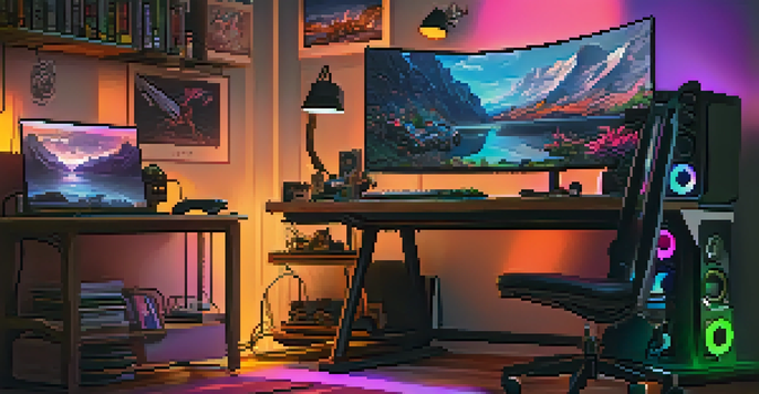 A cozy gaming setup with a modern desk, gaming chair, monitor showing a fantasy RPG scene, and colorful LED lights.