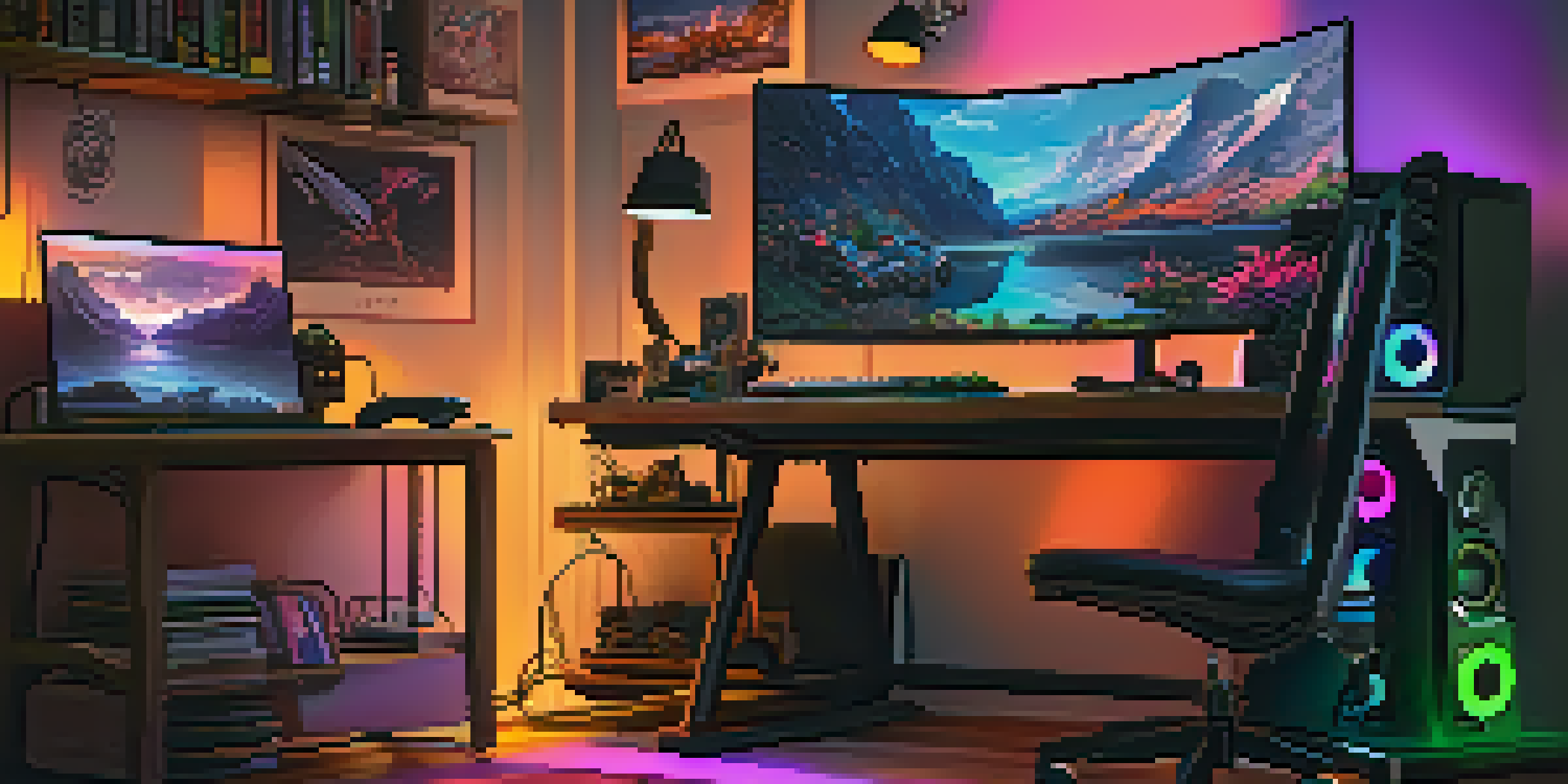 A cozy gaming setup with a modern desk, gaming chair, monitor showing a fantasy RPG scene, and colorful LED lights.