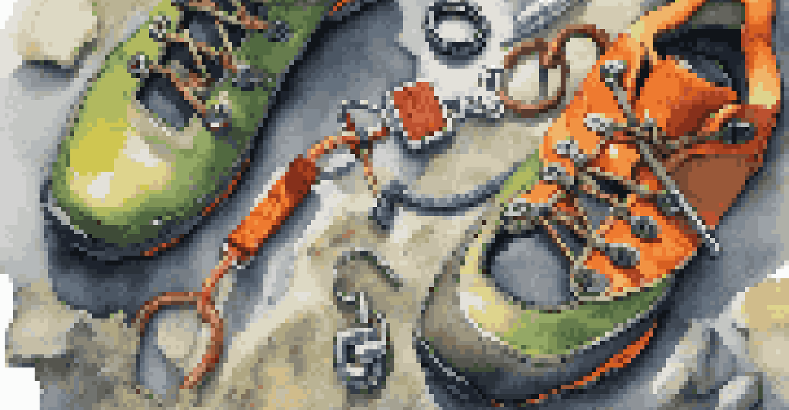 A detailed view of climbing gear including a harness, carabiners, and climbing shoes on a rocky surface, with a blurred climbing route in the background.