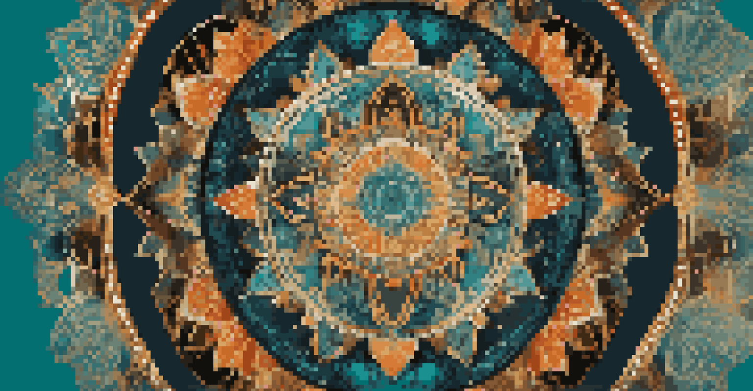 An intricate mandala design with vibrant colors, showcasing geometric patterns and floral motifs radiating from the center against a dark background.