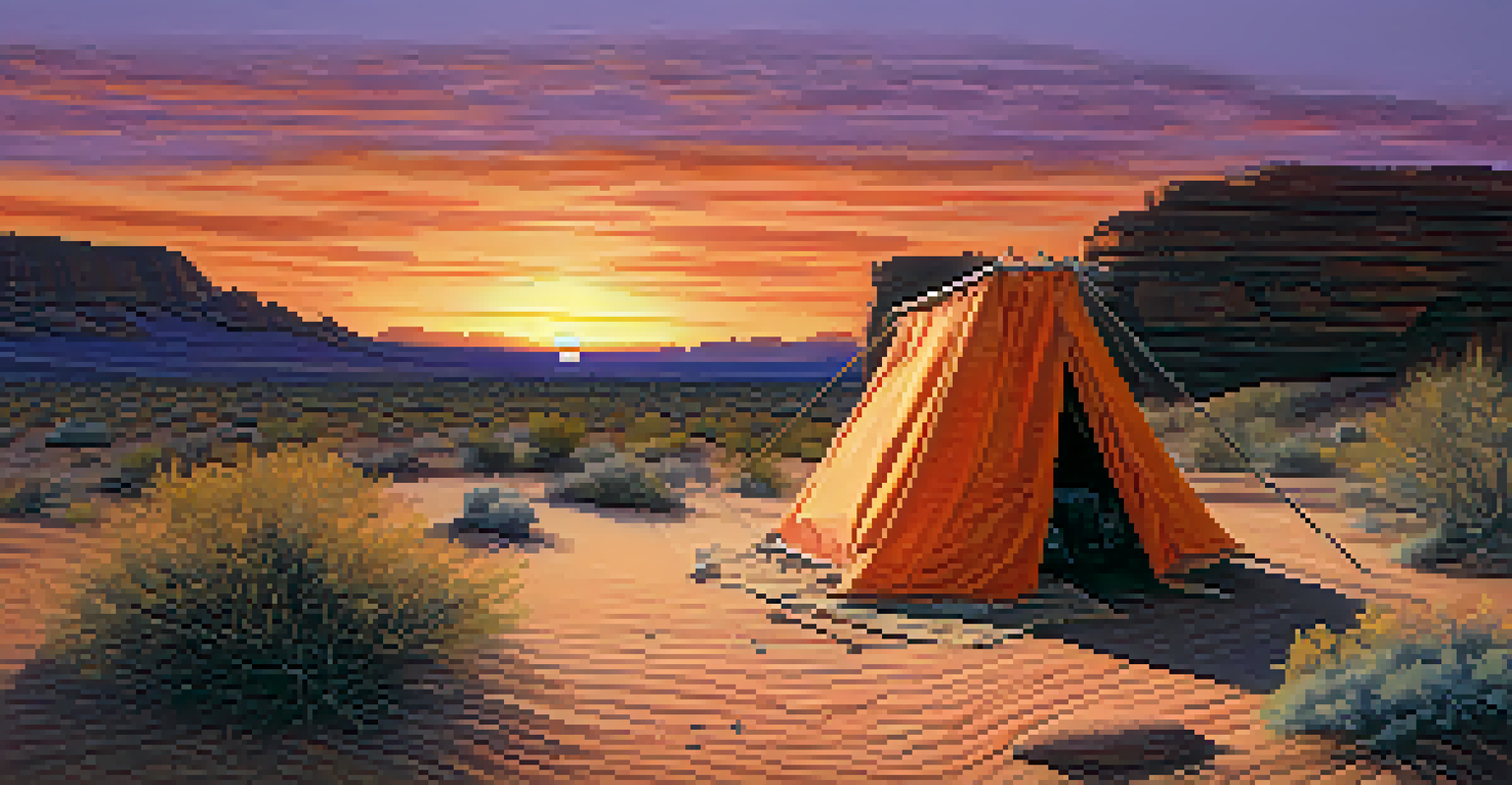 A desert scene with a tarp shelter between rocks at sunset, vibrant colors in the sky, and sparse vegetation on the sandy ground.