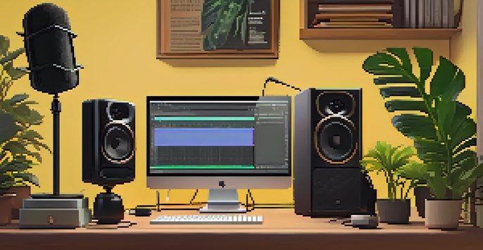 A cozy podcasting studio with a microphone, headphones, and colorful sound panels, warmly lit with soft yellow lighting.