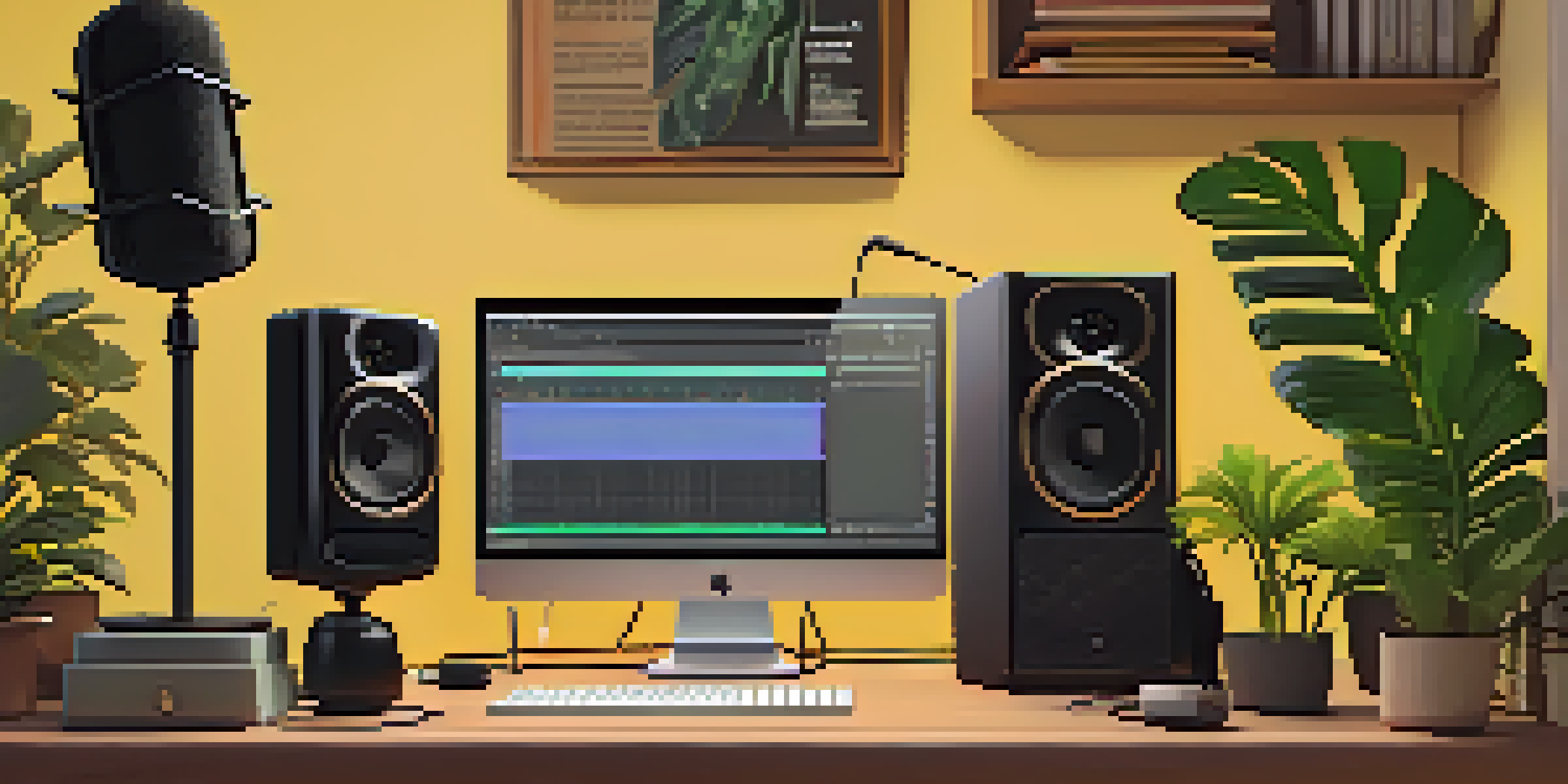 A cozy podcasting studio with a microphone, headphones, and colorful sound panels, warmly lit with soft yellow lighting.