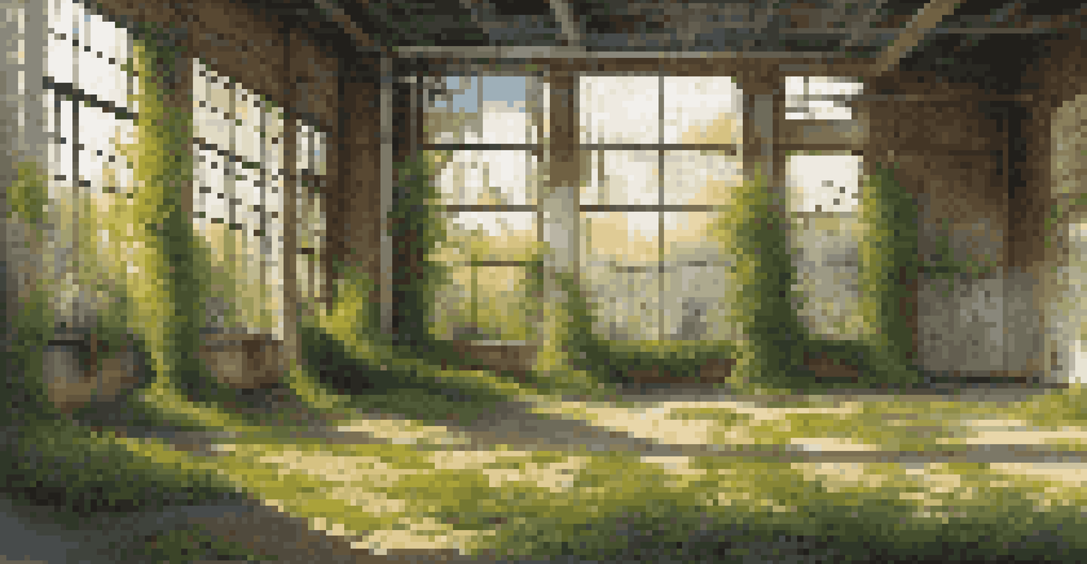 An abandoned factory with overgrown plants, broken windows, and rusty machinery illuminated by sunlight.
