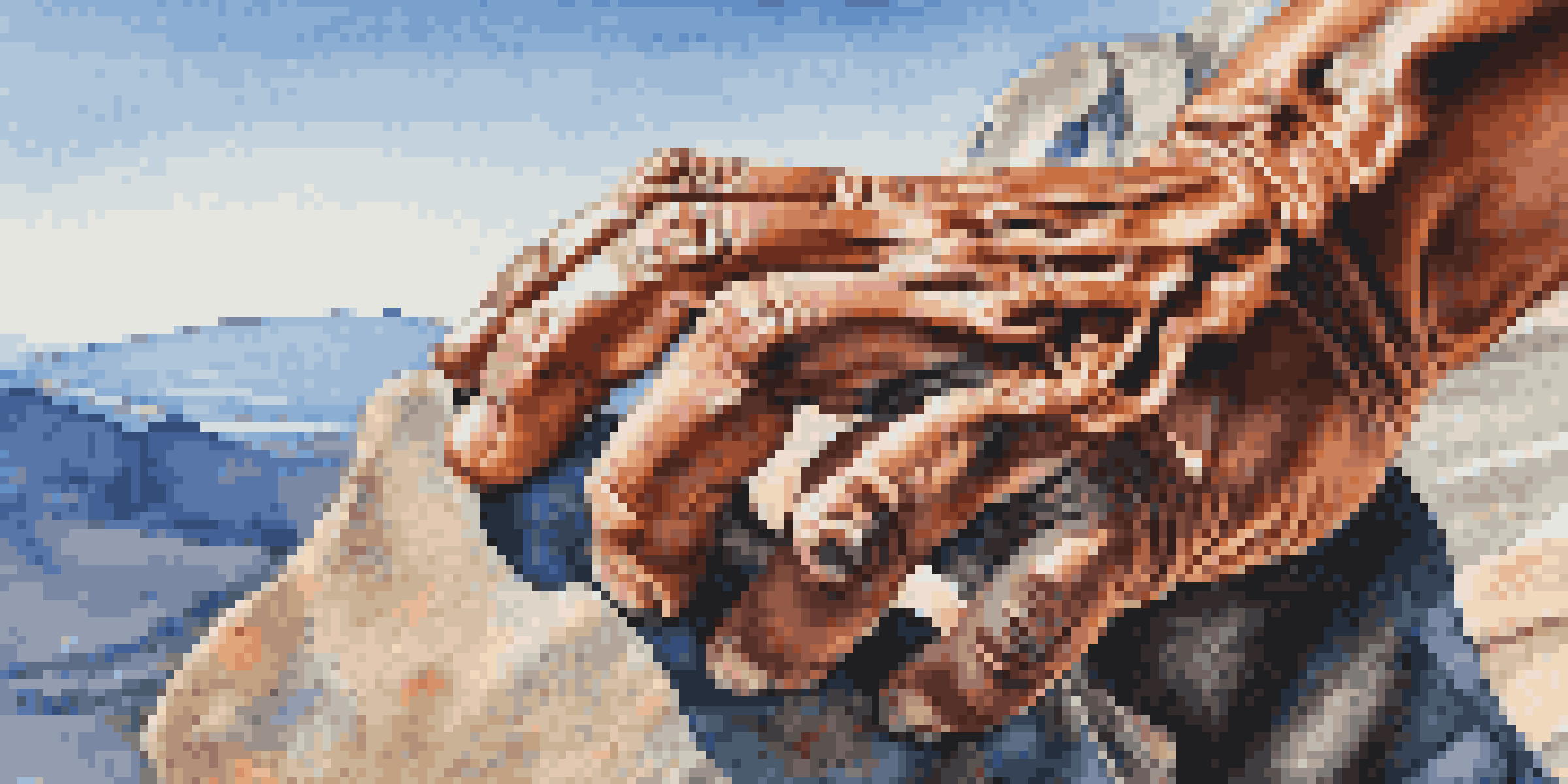A close-up image showing a rock climber's hand gripping a rocky surface, highlighting their muscular strain and sweat, with a blurred mountain landscape in the background.