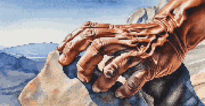 A close-up image showing a rock climber's hand gripping a rocky surface, highlighting their muscular strain and sweat, with a blurred mountain landscape in the background.