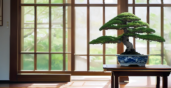 A bonsai tree in a ceramic pot on a wooden table, illuminated by soft natural light, with a blurred garden background.
