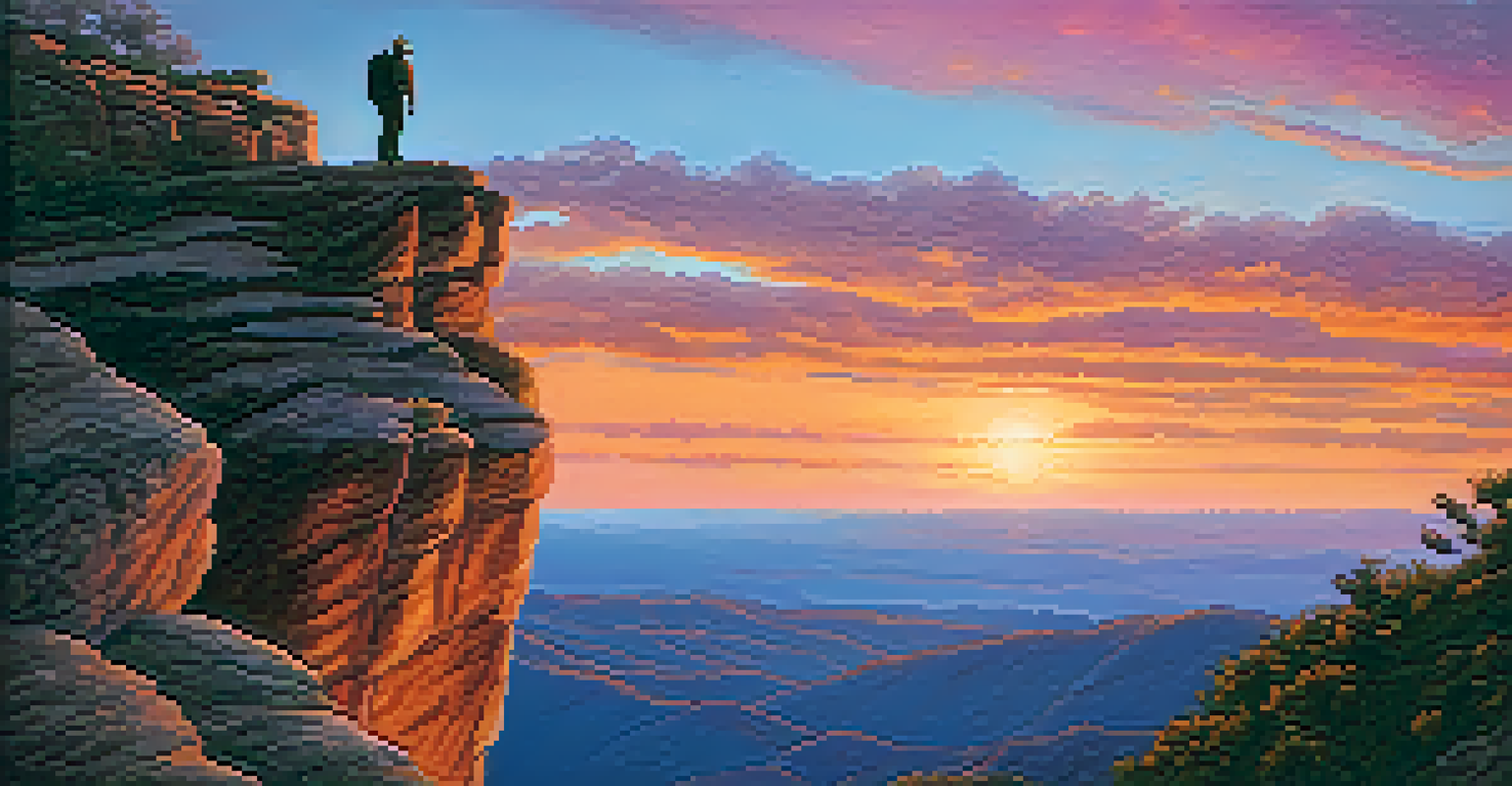 A hiker on a cliff at sunset, with a colorful sky and a stunning view in the background.
