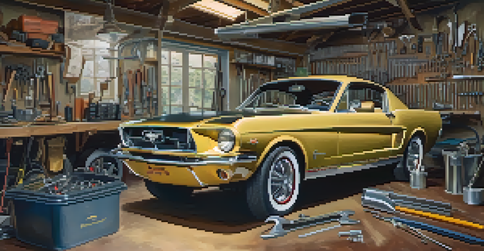 A vintage Mustang classic car in a garage, surrounded by restoration tools and partially disassembled engine components.
