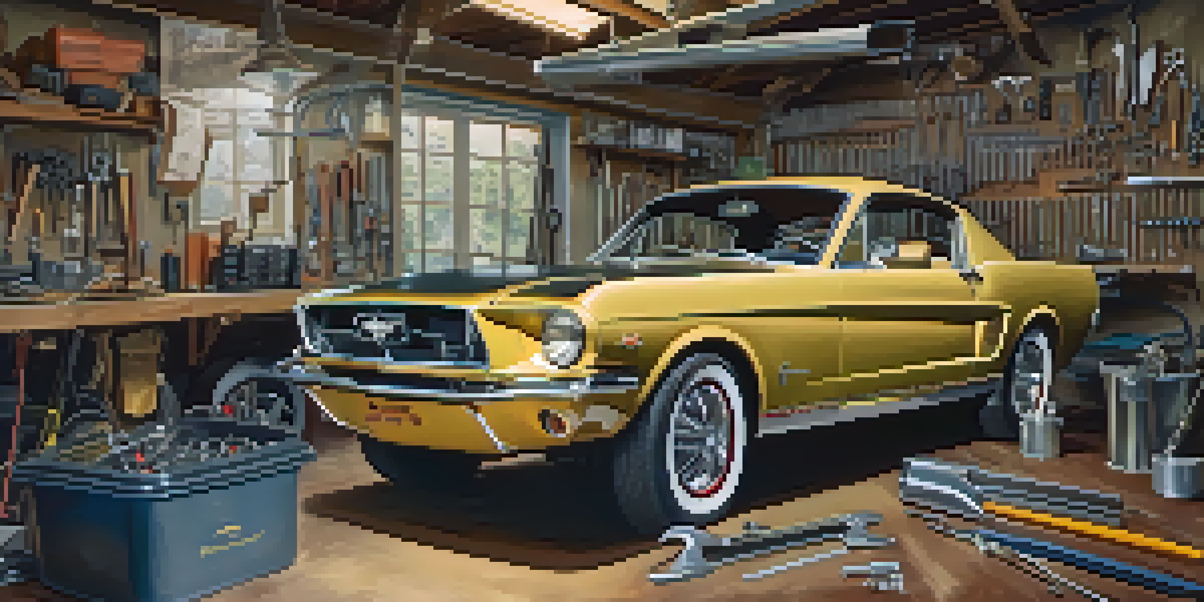 A vintage Mustang classic car in a garage, surrounded by restoration tools and partially disassembled engine components.