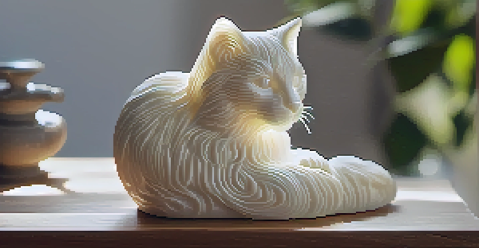 A detailed close-up of a soap sculpture of a cat with intricate fur details, illuminated by soft natural light on a wooden table with a blurred garden background.