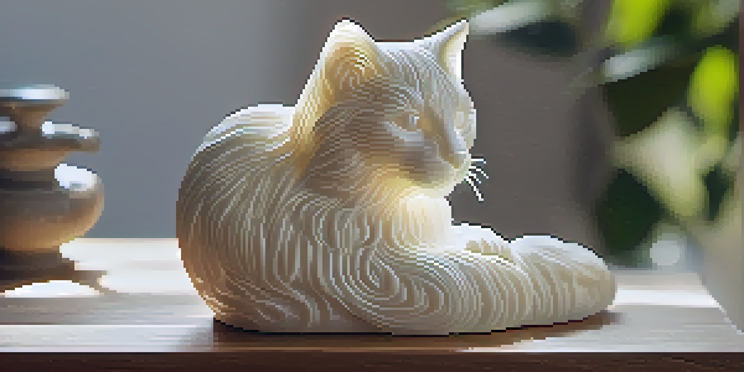 A detailed close-up of a soap sculpture of a cat with intricate fur details, illuminated by soft natural light on a wooden table with a blurred garden background.
