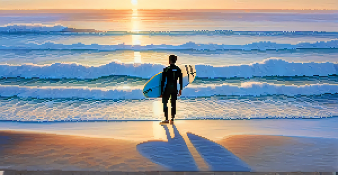 A surfer getting ready with a shortboard on a beach at sunrise, surrounded by surf gear and gentle waves.