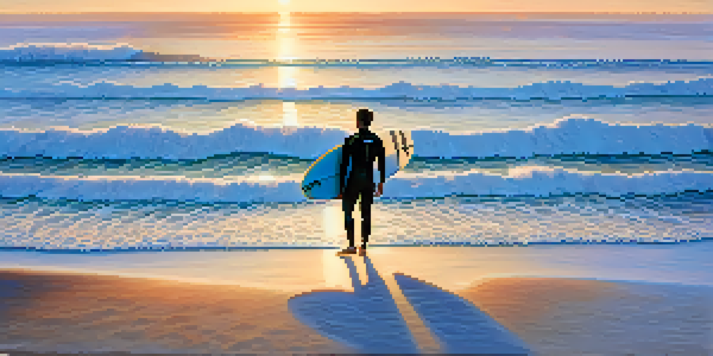A surfer getting ready with a shortboard on a beach at sunrise, surrounded by surf gear and gentle waves.