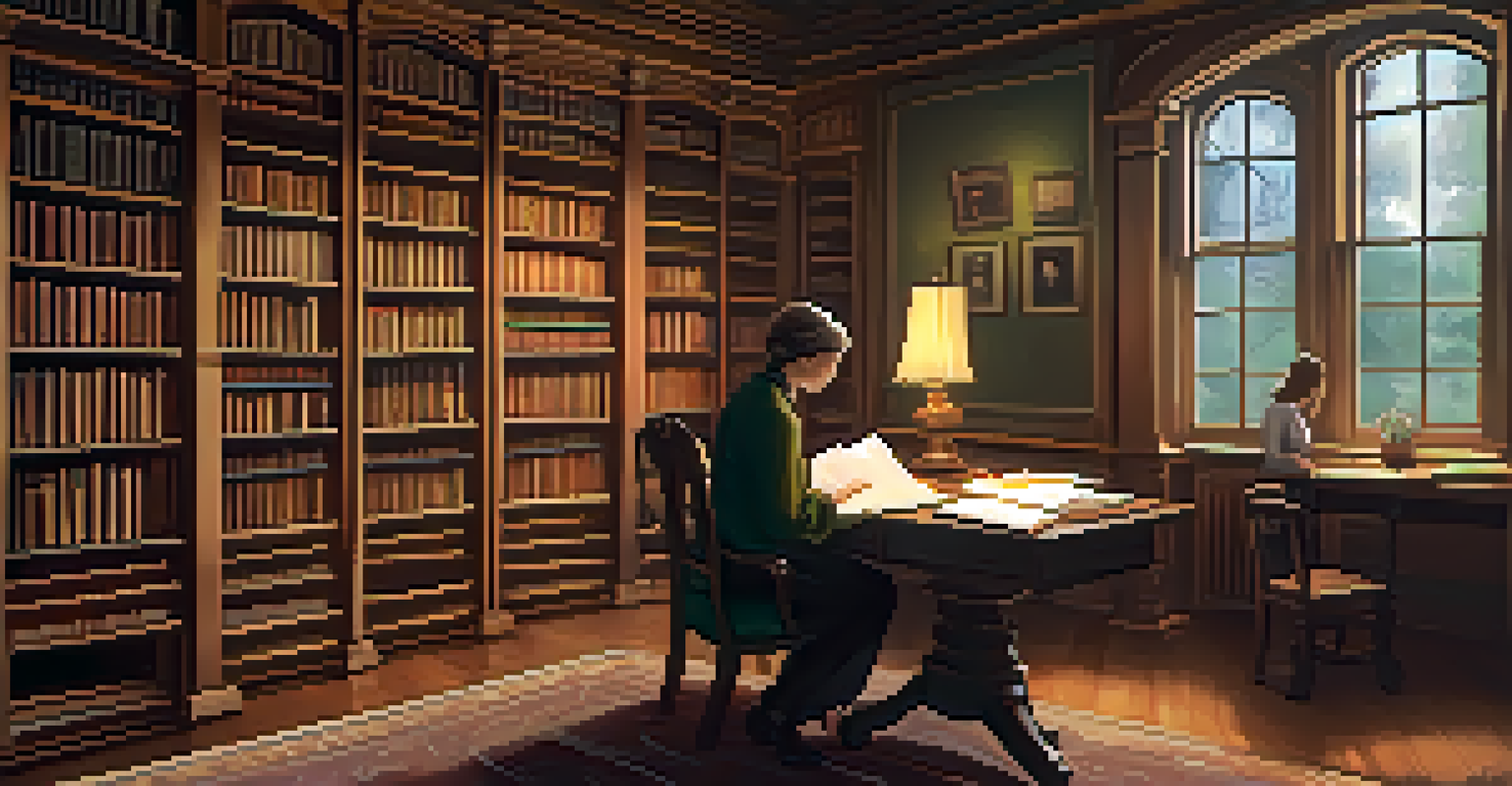 A warm home library scene with a person examining a family tree chart, surrounded by genealogy books and soft lighting.