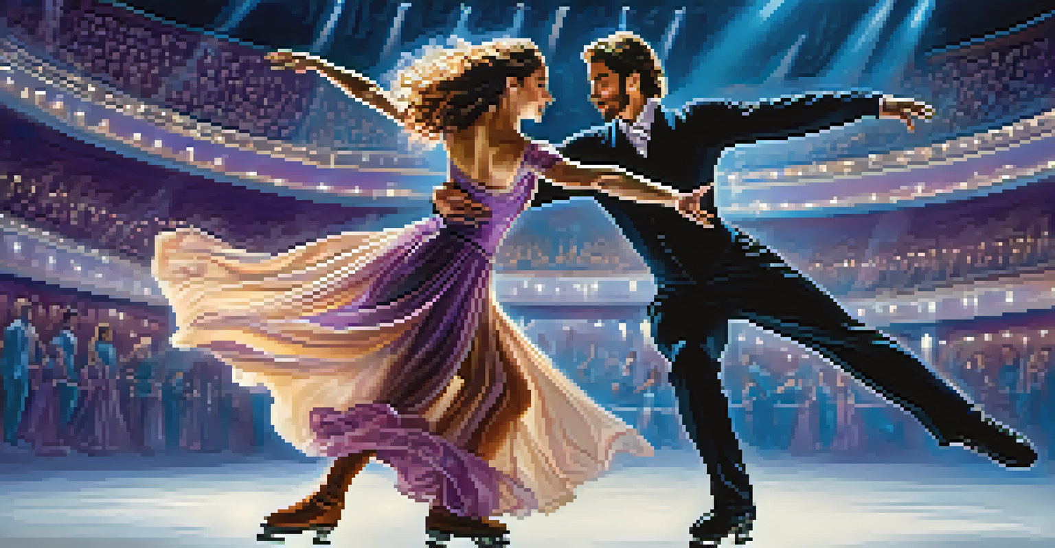 A male and female ice dancer in elegant costumes, captured mid-performance in a dramatic pose, with blue and purple lights in a dimly lit arena.