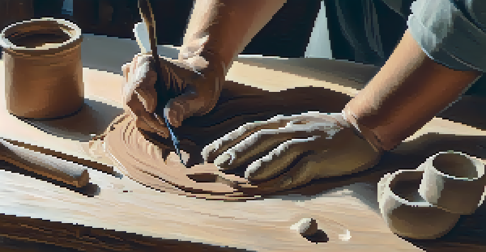 A sculptor's hands working with clay on a wooden bench, surrounded by sculpting tools, illuminated by soft natural light.