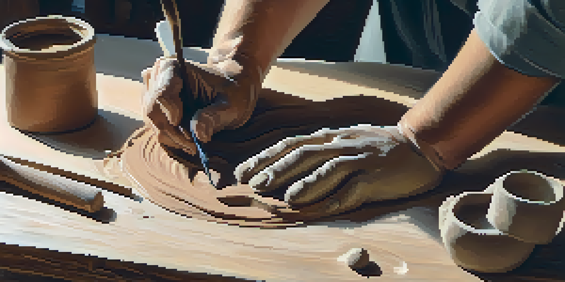 A sculptor's hands working with clay on a wooden bench, surrounded by sculpting tools, illuminated by soft natural light.