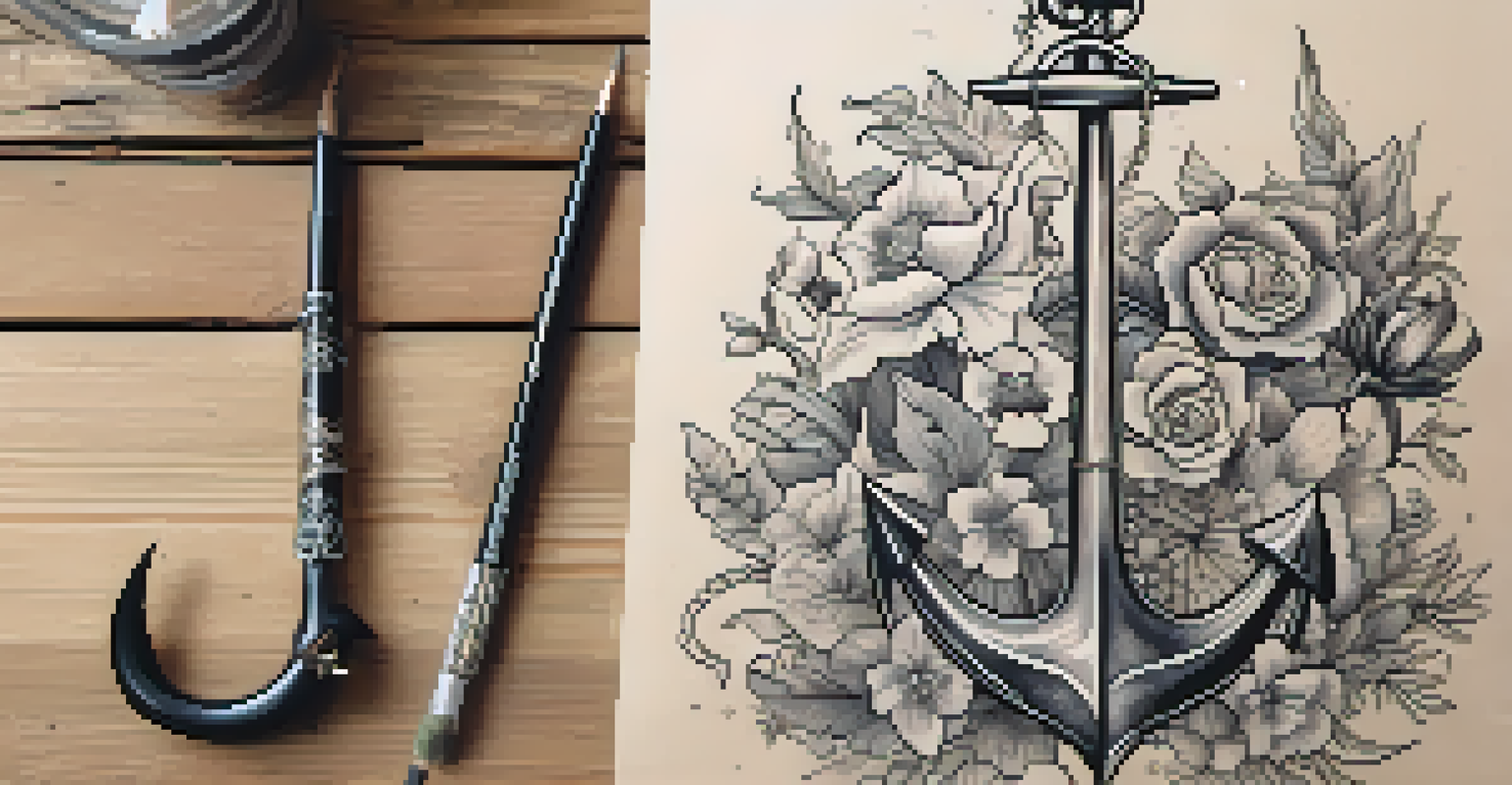 A close-up view of a tattoo flash art sheet with various intricate designs laid on a wooden table.
