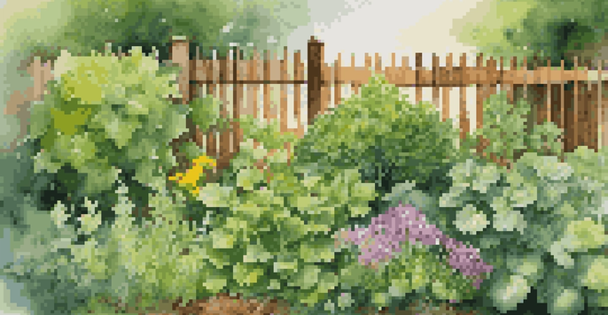 A colorful herb garden with various herbs like basil, cilantro, and parsley under warm sunlight.