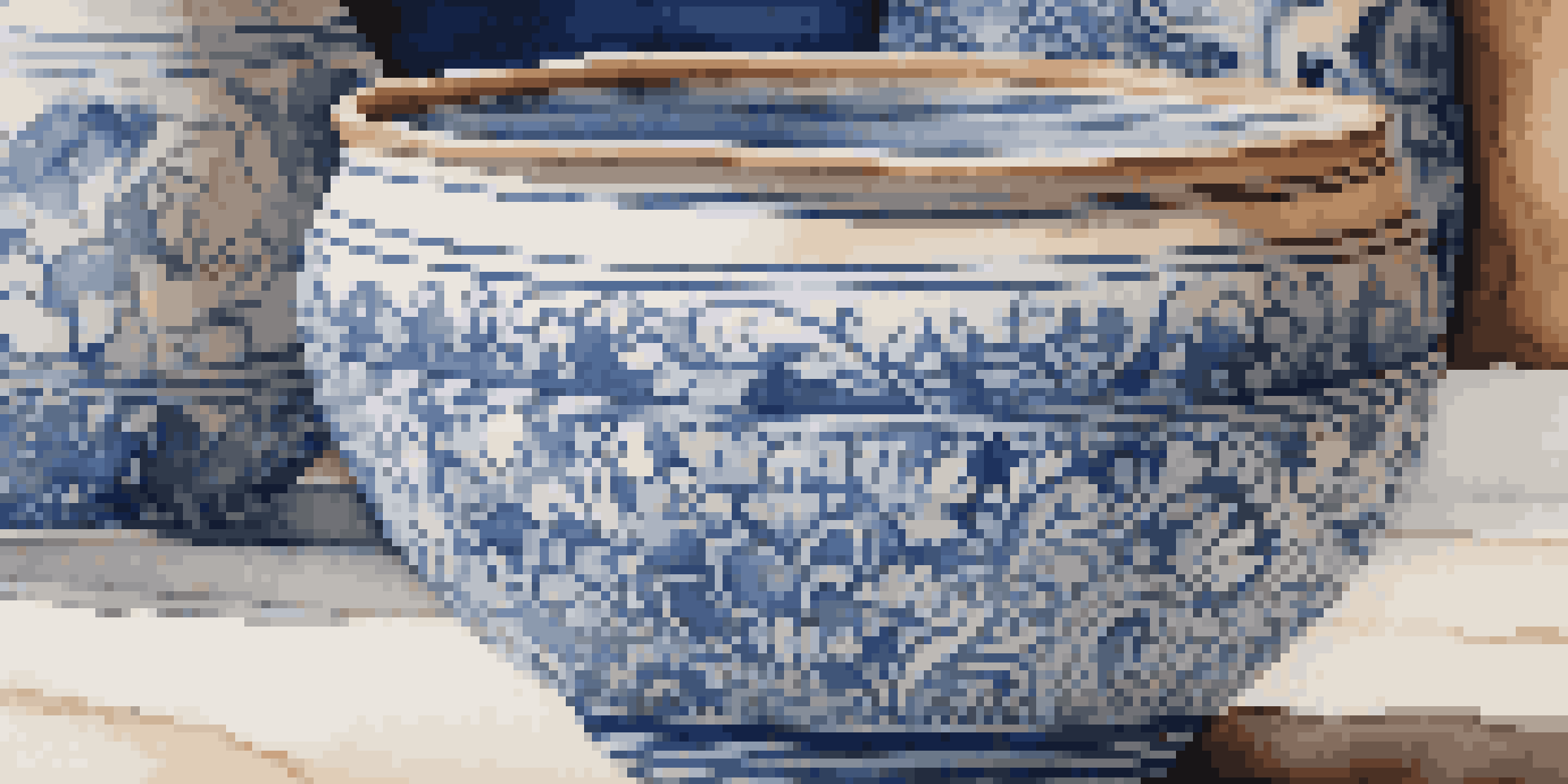 A detailed view of a slip-decorated pottery piece featuring floral designs in blue and white, with a soft focus background of a pottery studio.