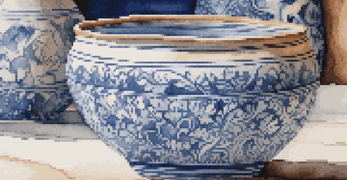 A detailed view of a slip-decorated pottery piece featuring floral designs in blue and white, with a soft focus background of a pottery studio.