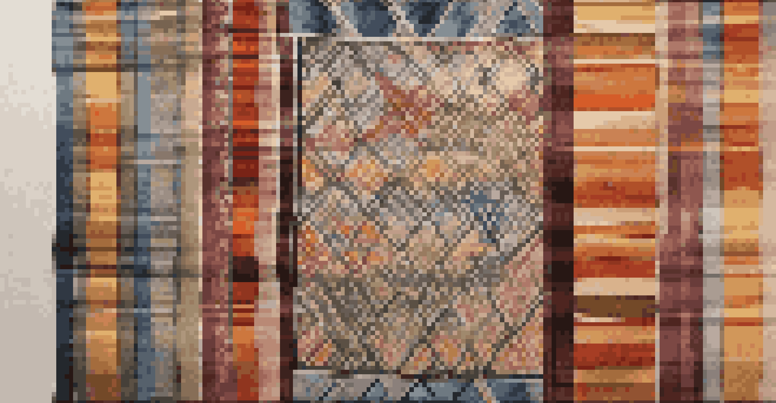 A close-up of a vibrant woven wall hanging with geometric patterns and rich textures.