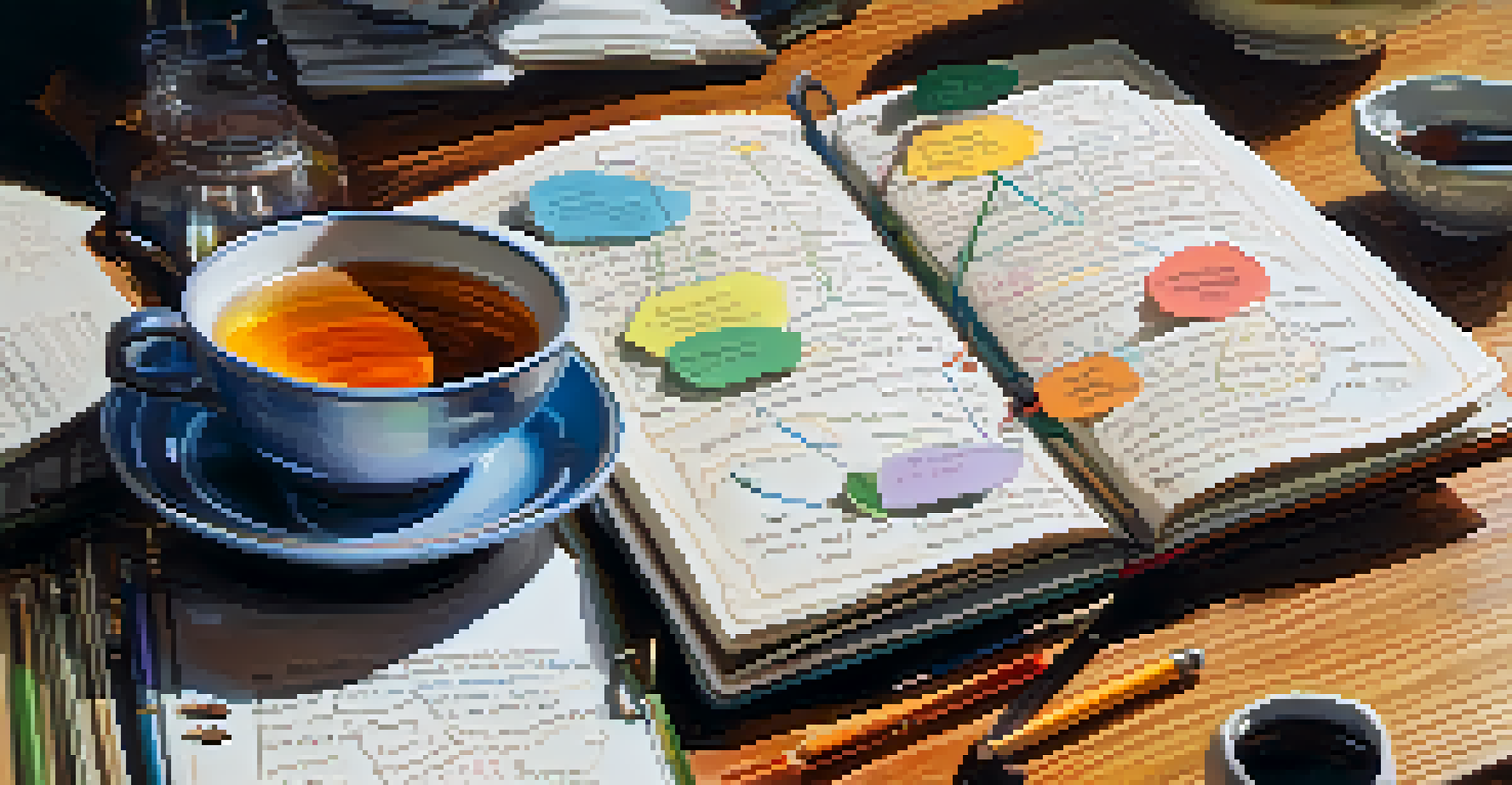A desk with an open notebook filled with notes and mind maps, a cup of tea nearby, and light coming through a window.