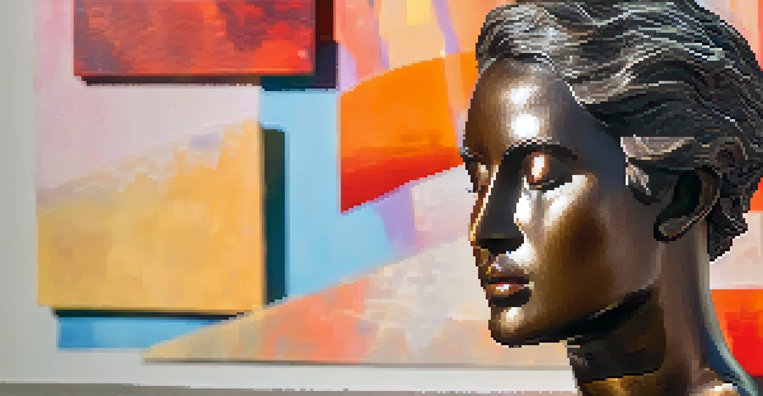 A bronze bust sculpture of a contemporary figure with expressive features, set against a colorful abstract background.
