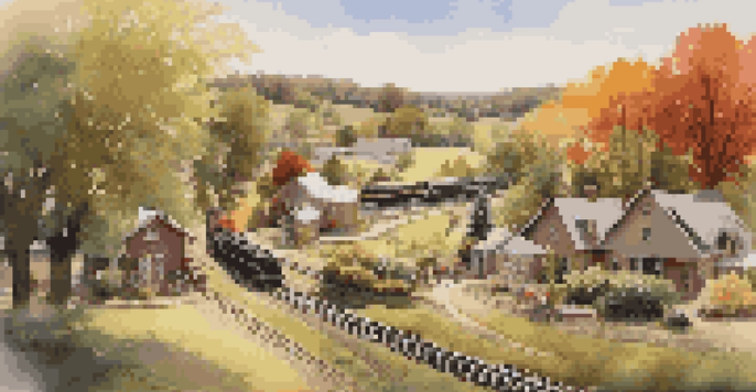 A colorful scale model railroad layout featuring trains, trees, and a village in a sunny rural landscape.