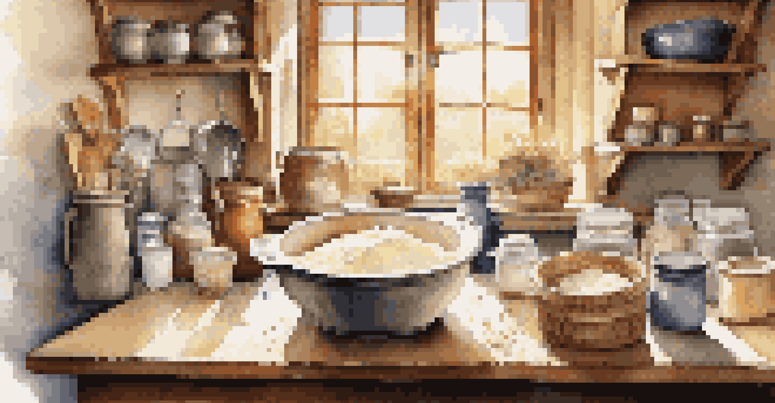 A warm kitchen with a wooden table, mixing bowl filled with dough, measuring cups, and a bag of flour, illuminated by sunlight.