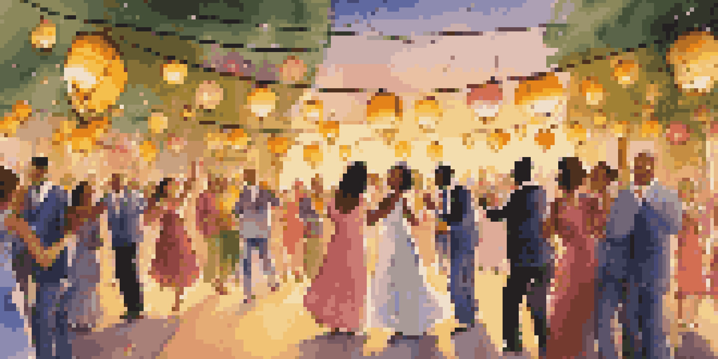 A joyful outdoor wedding celebration with diverse guests dancing under colorful lanterns during sunset, with elegantly decorated tables.