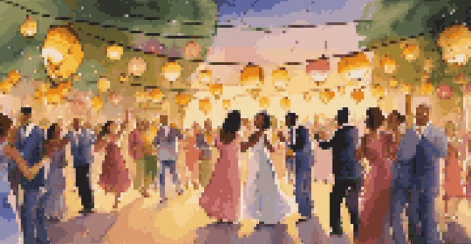 A joyful outdoor wedding celebration with diverse guests dancing under colorful lanterns during sunset, with elegantly decorated tables.