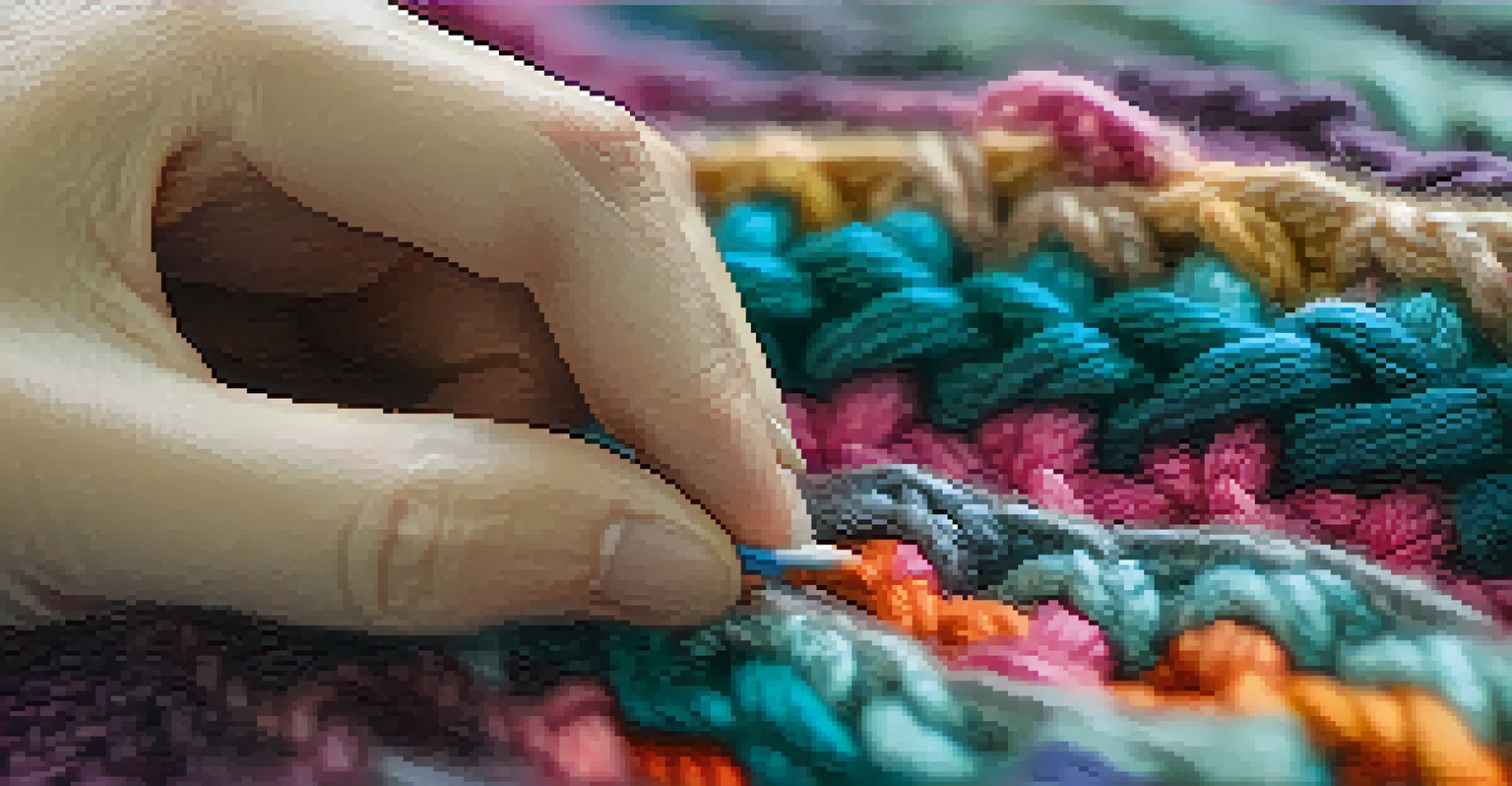 A close-up of hands knitting showing the knit and purl stitches with colorful yarn, emphasizing the texture and technique.