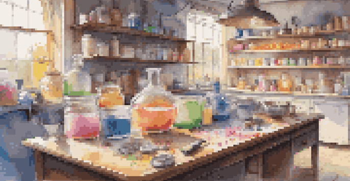 A clean and organized soap-making workspace with tools and colorful soap bases, illuminated by natural light.