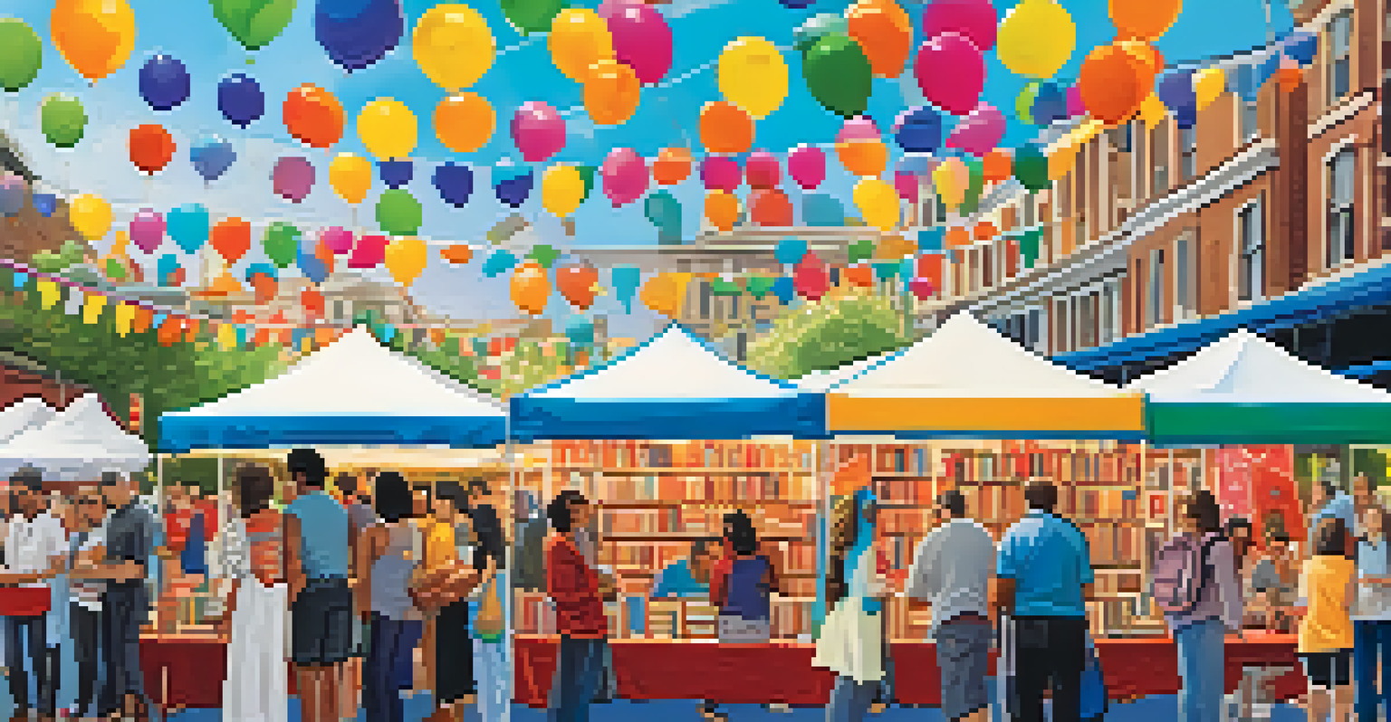 A lively book festival with diverse people browsing stalls, colorful banners, and authors signing books.