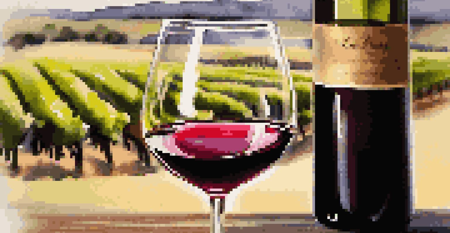 Close-up of a wine glass filled with red Pinotage, with reflections of the vineyard and an oak barrel in the background.