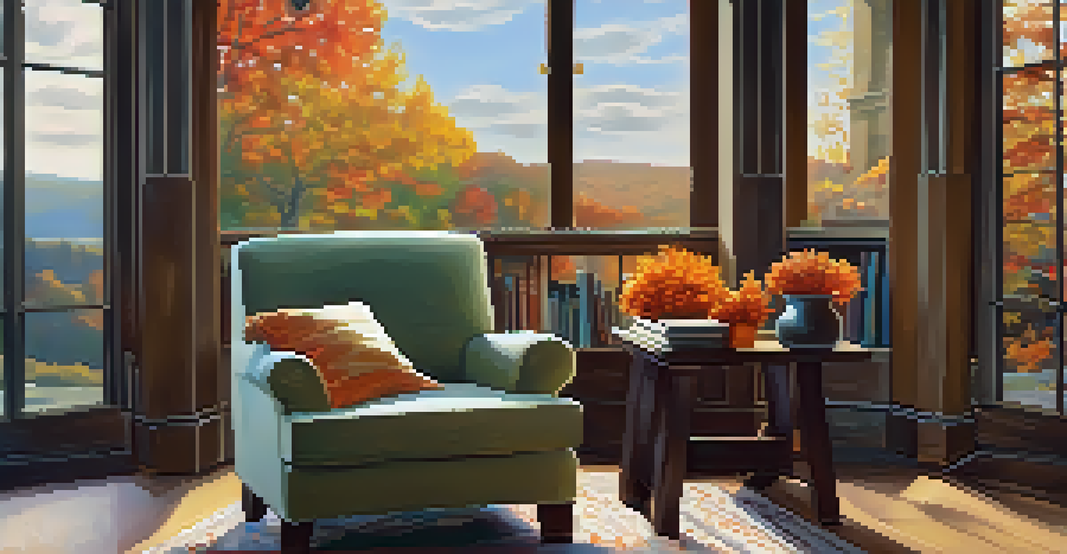 A cozy reading nook with an armchair, blanket, lamp, and autumn decor, perfect for relaxation.