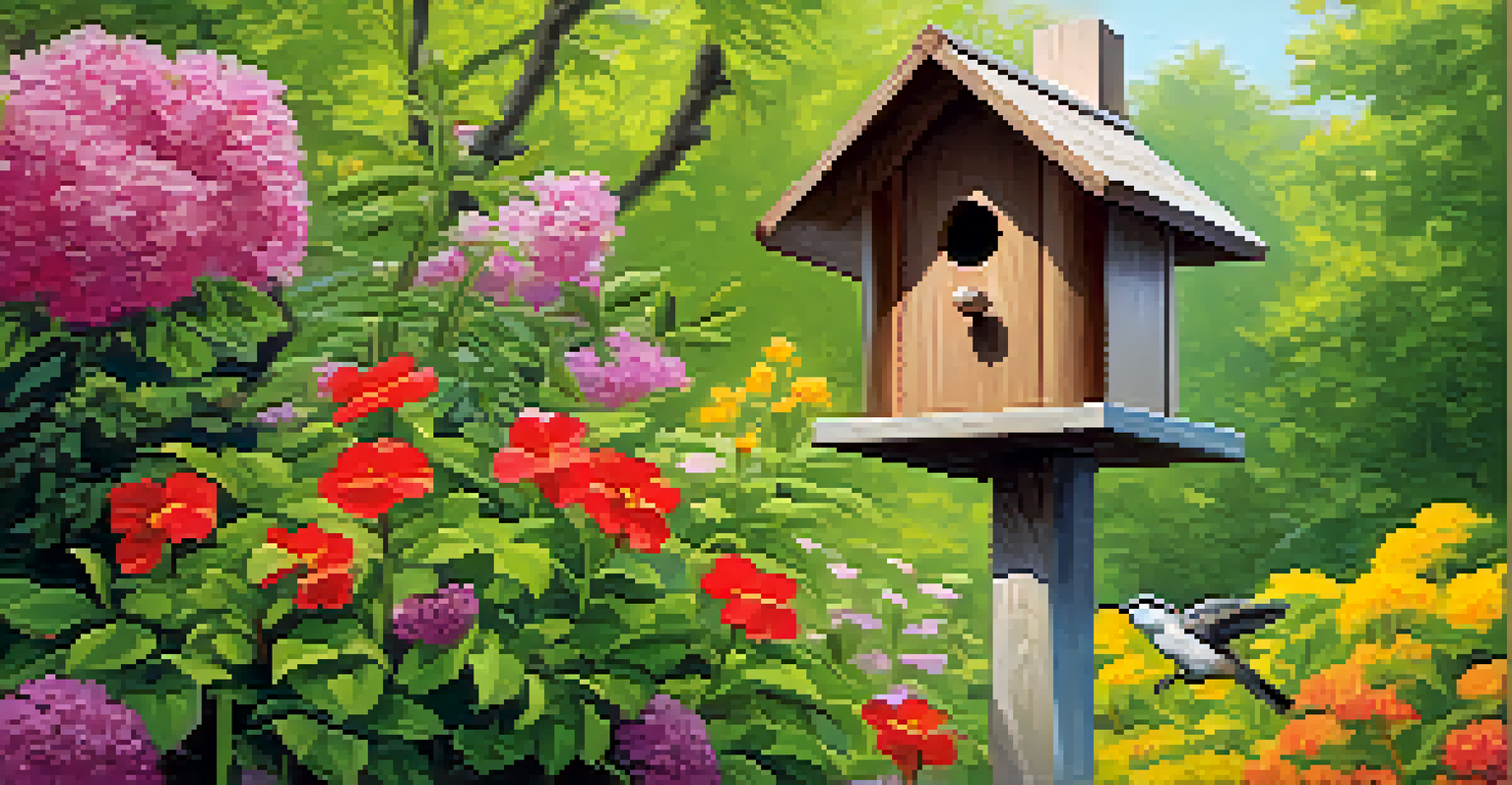 A wooden birdhouse surrounded by greenery and flowers, with a bird perched nearby, representing a safe nesting environment.